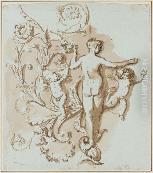 A Female Nude Seen From Behind, With Two Putti, Among Acanthus-leafdecoration Oil Painting by Etienne de Lavallee-Poussin