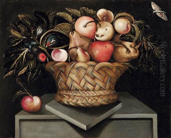 Cesta Di Frutta E Spighe Con Pesca Su Basamento E Farfalla Oil Painting by Blas de Ledesma