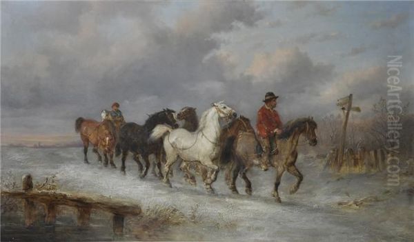 Winterlandschaft Mit Reitern Und Ihren Pferden Auf Dem Weg Zumpferdemarkt Oil Painting by Alexis de Leeuw