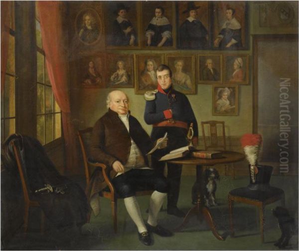 A Portrait Of Johannes Beeldsnijder (1761- 1817) And His Son Gerardjohannes Beeldsnijder (1791-1853) In A Study, Accompanied Byportraits Of Their Ancestors Oil Painting by Adriaan de Lelie