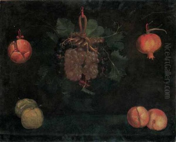 Natura Morta Con Grappolo D'uva, Cipolla, Melagrana, 
Pesche E Mele Oil Painting by Alejandro De Loarte