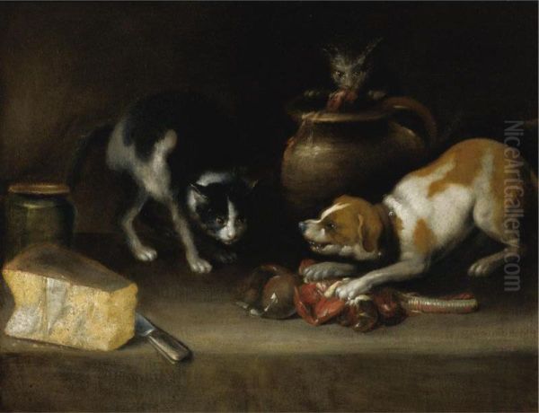 A Dog And A Cat Fighting For Meat Oil Painting by Alejandro De Loarte