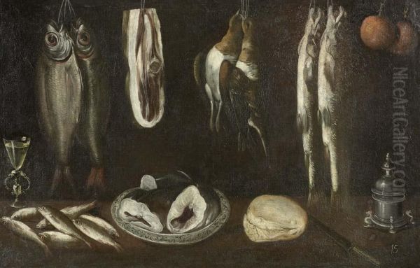 Pair Of Works: Still Life With Fish. Oil Painting by Alejandro De Loarte