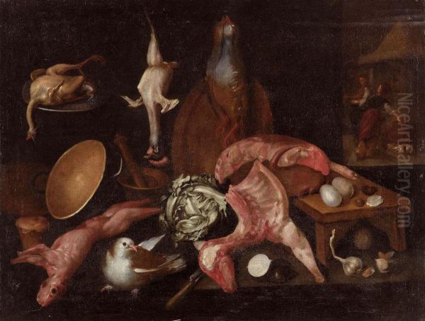 Natura Morta Con Scena Di Cucina Oil Painting by Alejandro De Loarte