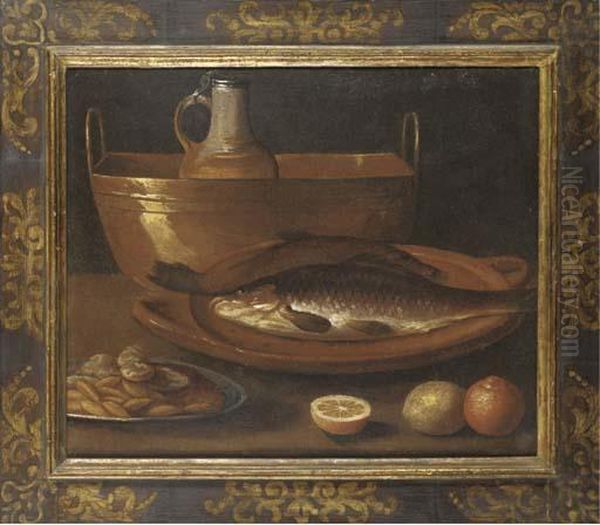 Fish On An Earthenware Platter, A Pitcher In A Copper Urn, A Dishof Nuts, With Oranges And A Lemon On A Ledge Oil Painting by Alejandro De Loarte