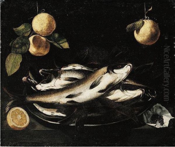 Still Life Of Fish On A Pewter Plate, Together With Peppercorns And A Sliced Lemon, All Arranged Upon A Stone Ledge, With Oranges Hanging Above Oil Painting by Alejandro De Loarte