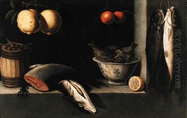 Lemons, Oranges, A Barrel Of Olives, Salmon And A Bowl Of Fish In Aniche Oil Painting by Alejandro De Loarte