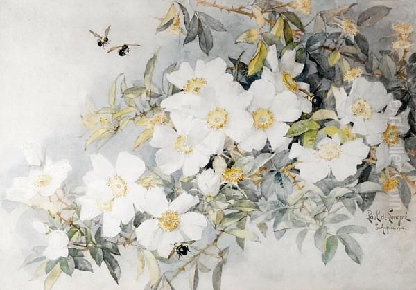 White Roses With Carpenter Bees Oil Painting by Paul De Longpre