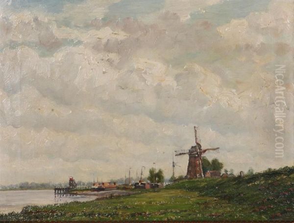 View Of The River Schelde With Mill And Stockade Oil Painting by Edmond De Looz-Block