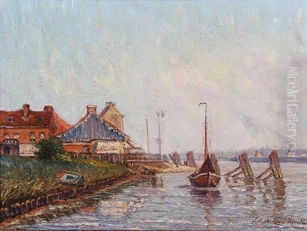 Riverside Moorings 'ed. De Looze Block' Oil Painting by Edmond De Looz-Block