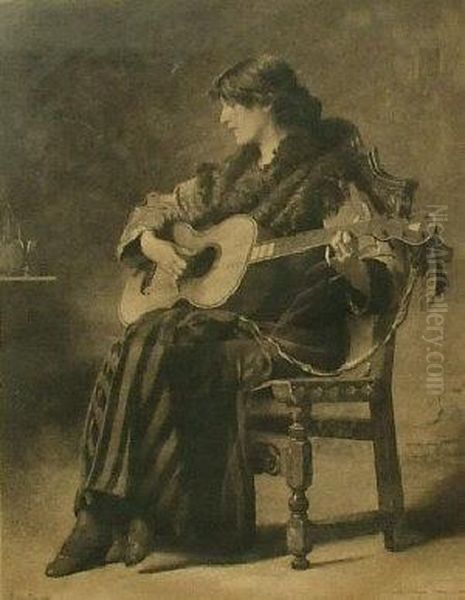 Lady Playing A Guitar Oil Painting by Ricardo De Los Rios