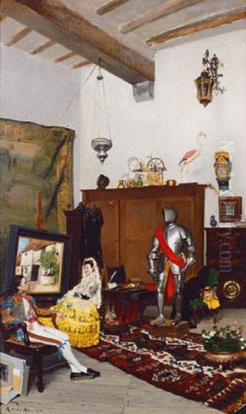 Interior Con Manola Y Torero Oil Painting by Ricardo De Los Rios