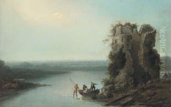 Fishermen In A Boat Before A Tower Ruin, In An Extensivelandscape Oil Painting by Loutherbourg, Philippe de