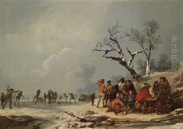 A Winter Landscape With Ice Skaters Oil Painting by Philip Jacques de Loutherbourg