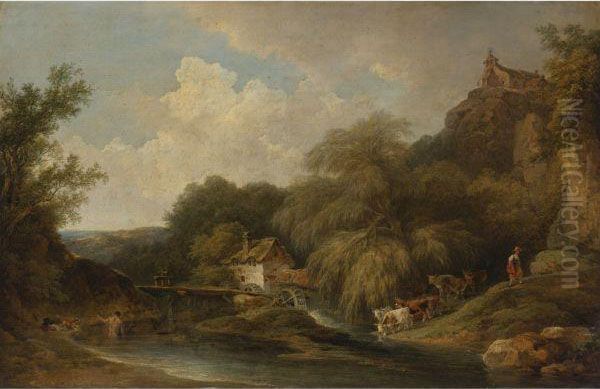 Watermill With Pond, Cows, Dogs And Figures Oil Painting by Philip Jacques de Loutherbourg