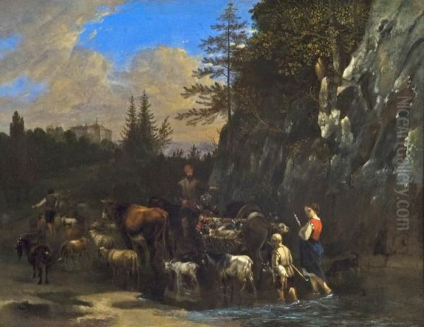 Landscape With Figures Herding Oil Painting by Philip Jacques de Loutherbourg