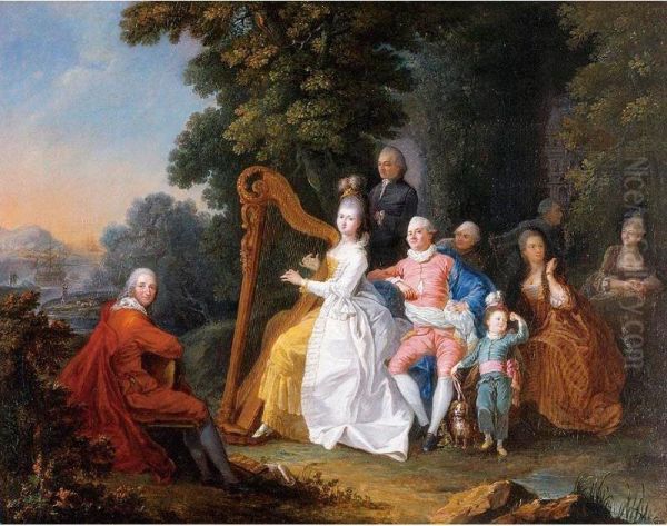 An Elegant Party In The Countryside With A Lady Playing The Harp And A Gentleman Playing The Guitar Oil Painting by Pierre Michel De Lovinfosse