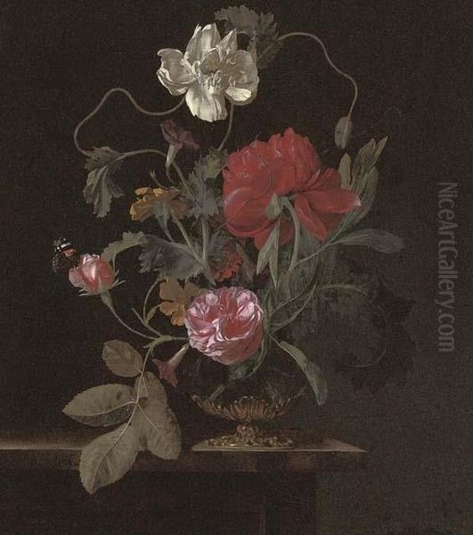 Roses, Poppies And Convolvulus In An Urn On A Stone Ledge, With A Red Admiral Butterfly Oil Painting by Abraham De Lust