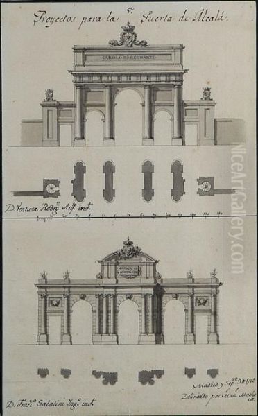 Proyectos Para La Puerta De Alcala Por Ventura Rodriguez, 1 Y 2 Oil Painting by Manuel De Machuca Y Vargas