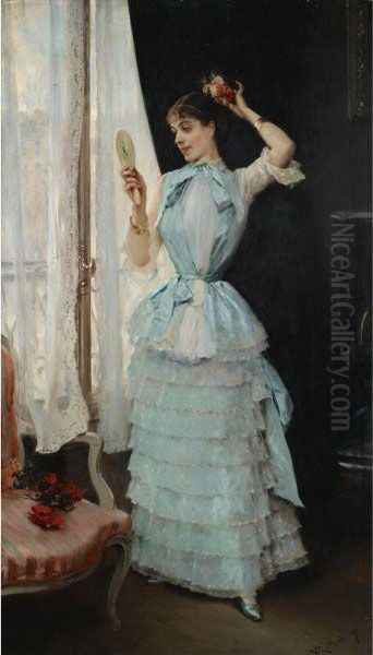 Aline Con Tocado De Flores (aline At Her Toilette) Oil Painting by Raimundo de Madrazo y Garreta