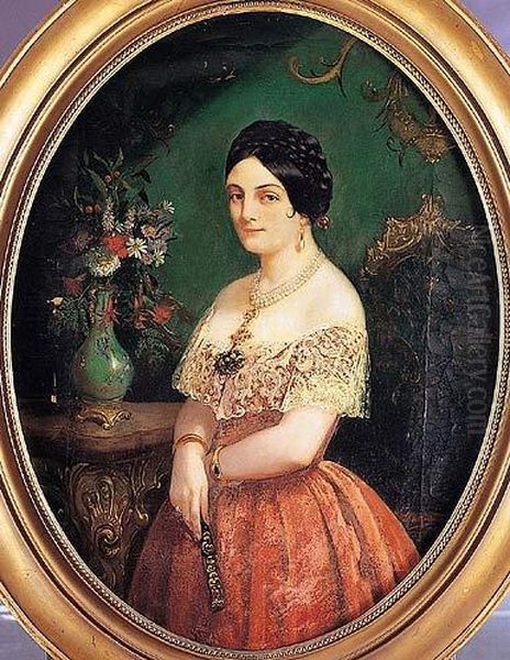 Retrato De Dama, De Tres Cuartos, Junto A Una Consola Con Un
 Jarron De Flores Oil Painting by Federico De Madrazo De Ochoa