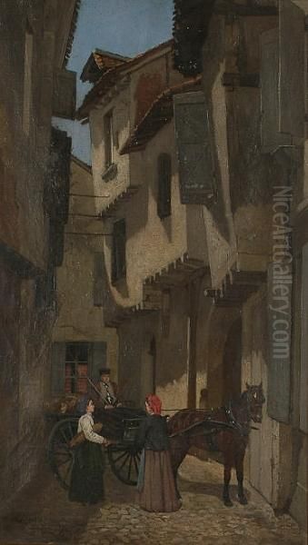 A Spanish Street Scene Oil Painting by Federico De Madrazo De Ochoa