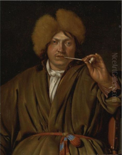 Portrait Of A Gentleman, Half Length, Holding A Pipe And Wearing A Brown Hat Oil Painting by Cornelis De Man