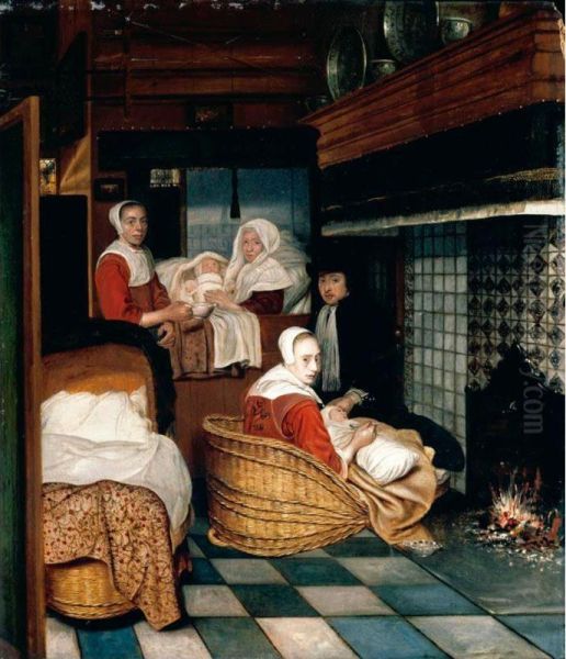 An Interior With A Family And Two Nurses Before A Fire Oil Painting by Cornelis De Man