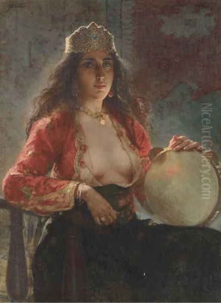 The Tambourine Player Oil Painting by Francesco De Maria