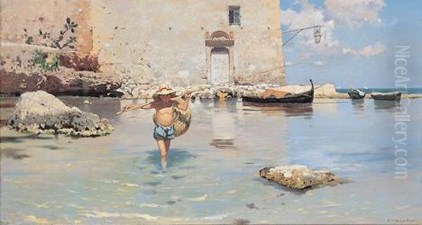 A Young Fisherman In The Shallows Oil Painting by Ettore De Maria-Bergler