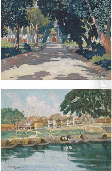 Avenue Du Tombeau De Minh Mang (avenue Of The Tomb Of Minh Mang) / Hue, La Riviere Des Parfums (hue, River Of Fragrance) Oil Painting by Francois Marie De Marliave