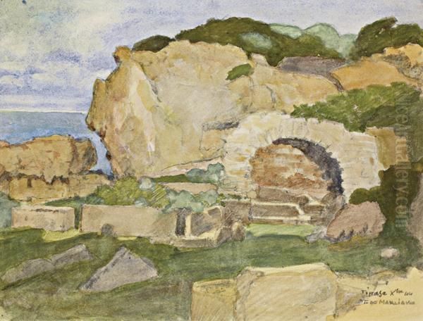 Rochers Et Ruines Romaines A Tipaza Oil Painting by Francois Marie De Marliave