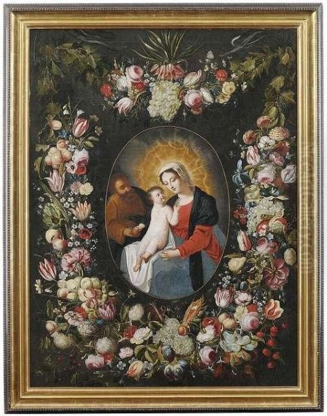 The Holyfamily, Surrounded By A Garland Of Flowers And Fruits. Oil Painting by Phillipe de Marlier