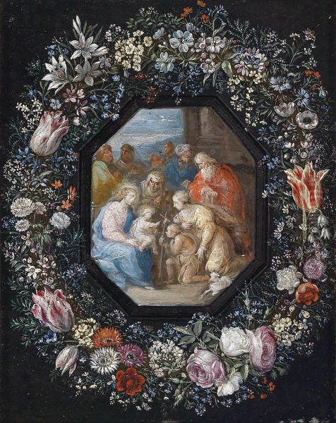 Garland Of Flowers Surrounding A Medallion With An Adoration Of The Christ Child Oil Painting by Phillipe de Marlier