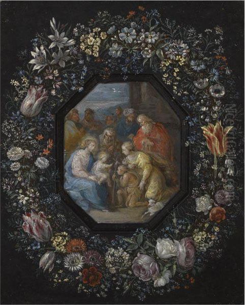 The Madonna And Child With Saint John, Saint Anne And Other Saintswithin An Ornamental Cartouche Decorated With A Flowergarland Oil Painting by Phillipe de Marlier