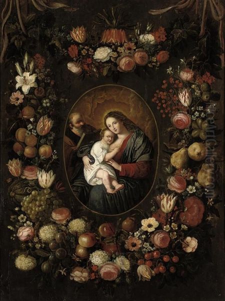 The Holy Family, Surrounded By Garlands Of Roses, Lilies, Tulipsand Other Flowers, Apricots, Grapes, Plums, Apples, Cherries, Pearsand Other Fruits Oil Painting by Phillipe de Marlier