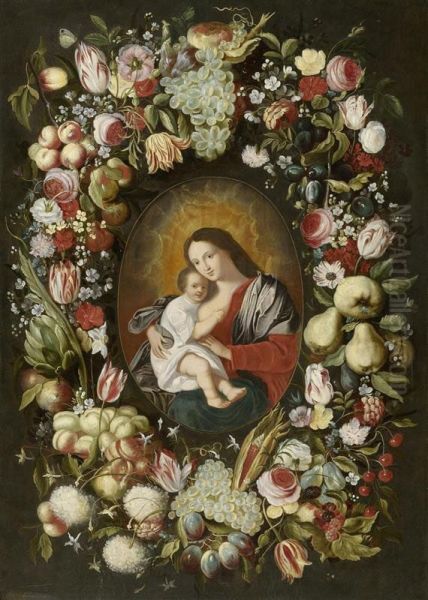 Wreath Of Flowers And Fruits Around An Image Of The Madonna And Child Oil Painting by Phillipe de Marlier