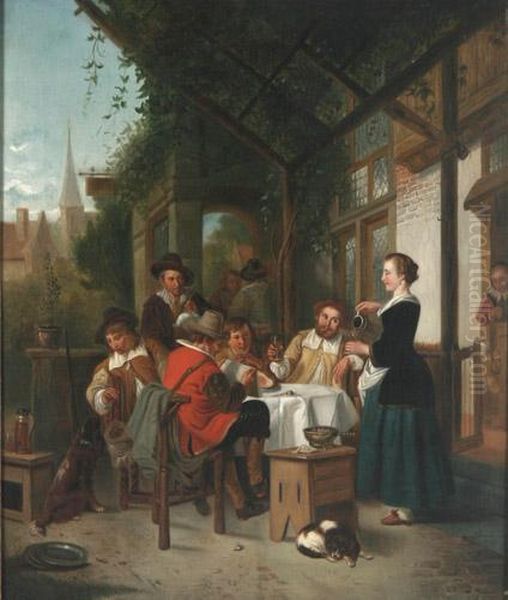 Herrengesellschaft Bei Der Rast Vor Einer Schanke Oil Painting by V. De Matheisen