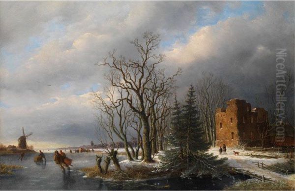 Hollandische Winterlandschaft Mit Schlittschuhlaufern, Eichenallee, Ruine Und Einer Windmuhle Oil Painting by H. De Mejier