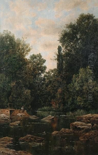 Baiting A Line By A Rocky River Oil Painting by Claude Francois A. De Mesgrigny