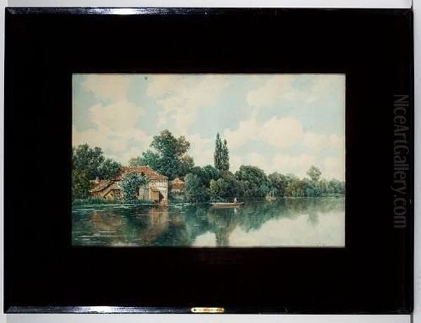 Gehoft Am Fluss. Unten Rechts Signiert F. De Mesgrigny. Aquarell. 35 X 55 Cm. Oil Painting by Claude Francois A. De Mesgrigny