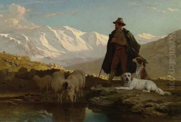 Herdsman In Landscape. 1862. Oil Painting by Albert De Meuron