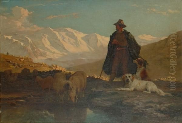 Shepherd And Flock In An Alpine Landscape. Oil Painting by Albert De Meuron