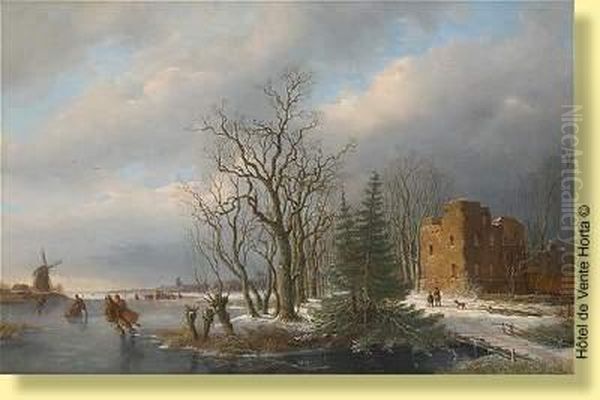 Patineurs En Bordure De Chateau Fort Oil Painting by Anthony Andreas De Meijier