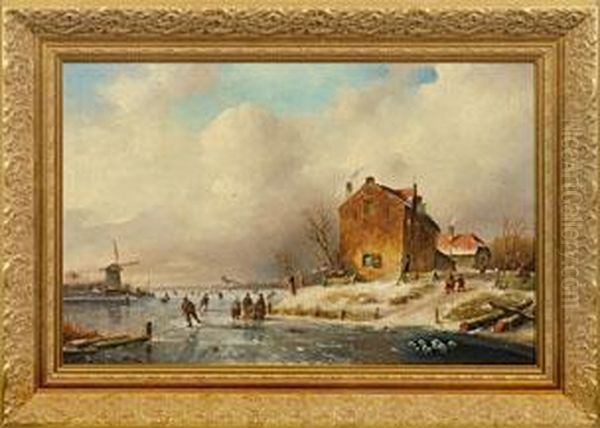 Winterlandschaft Mit Schlittschuhlaufern Auf Einem Fluss Oil Painting by Anthony Andreas De Meijier