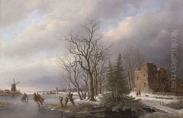 Figures Skating In A Frozen Winter Landscape Oil Painting by Anthony Andreas De Meijier