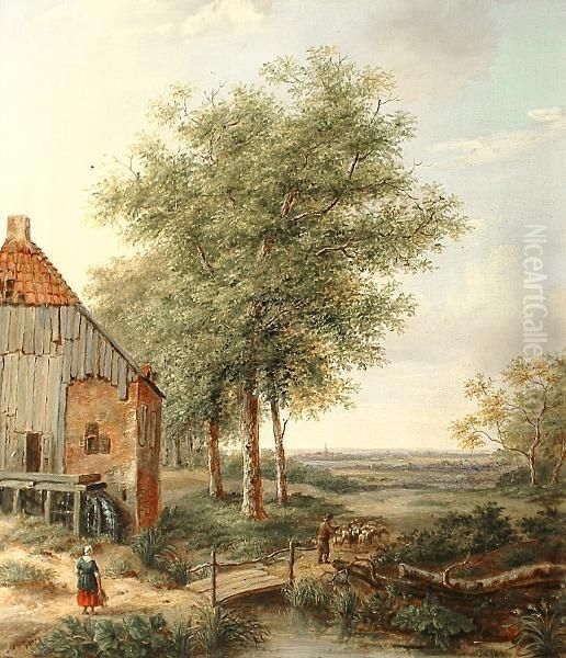 At The Watermill 'de Meyer.1842' (lower Left), And Bears Other Indistinct Signature '...hout' Oil Painting by Anthony Andreas De Meijier