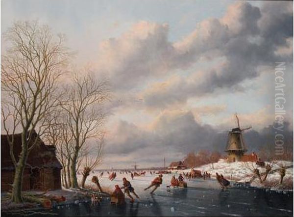 A Winter Landscape With Skaters On A Frozen River, A Windmill Beyond Oil Painting by Anthony Andreas De Meijier