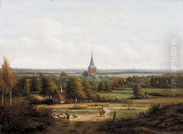 A Panoramic View Of A Valley With A Village In The Foreground Oil Painting by Anthony Andreas De Meijier