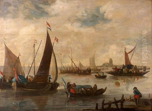 Bacs Et Bateaux Sur Une Riviere Oil Painting by Hendrick De Meijer